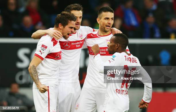 Martin Harnik of Stuttgart celebrates his team's first goal with team mates Christian Gentner, Vedad Ibisevic and Ibrahima Traore during the...