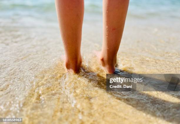 close-up rear view of a person standing ankle deep in aegean sea, thassos, greece - knöcheltief im wasser stock-fotos und bilder