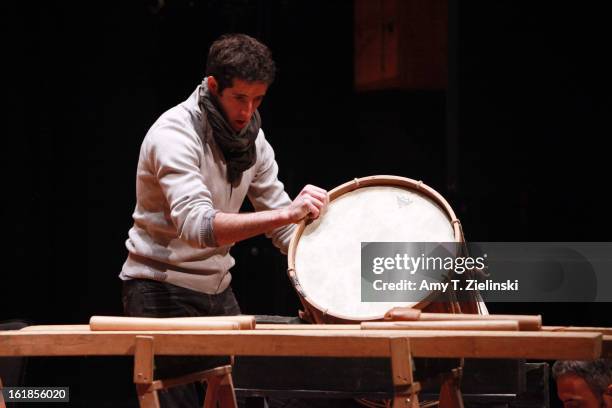 Musician Xan Errotabehere of the Kalakan Trio prepares a drum during rehearsal with French sisters, concert pianists Katia Labeque and Marielle...