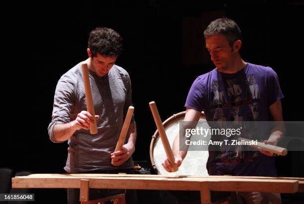 Musicians Xan Errotabehere and Thierry Biscary of the Kalakan Trio practices their percussion instruments during rehearsal with French sisters,...