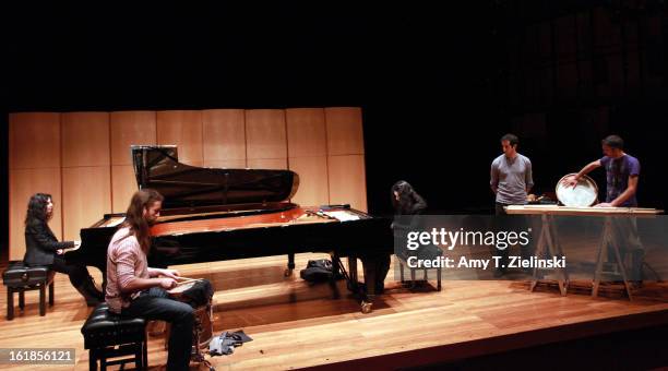 French sisters, concert pianists Katia Labeque and Marielle Labeque rehearse with the Kalakan Trio on percussion Ravel's 'Bolero' arrangement for duo...