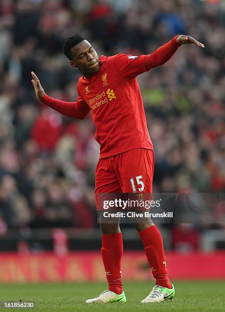 Daniel Sturridge of Liverpool celebrates with a dance after scoring the fifth goal from the penalty spot during the Barclays Premier League match...