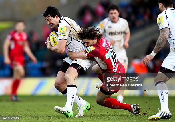 Cameron Shepherd of Sale is tackled by Tom Arscott of London Welsh during the Aviva Premiership match between London Welsh and Sale Sharks at the...