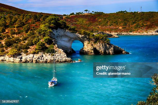 aerial view of a yacht anchored by coastline, sant'antioco, cagliari, sardinia, italy - view into land fotografías e imágenes de stock