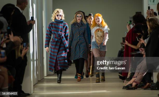 Designer Vivienne Westwood walks the runway with her models during the finale of the Vivienne Westwood Red Label show during London Fashion Week...