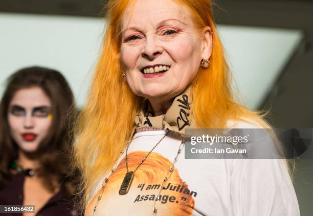 Designer Vivienne Westwood walks the runway with her models during the finale of the Vivienne Westwood Red Label show during London Fashion Week...