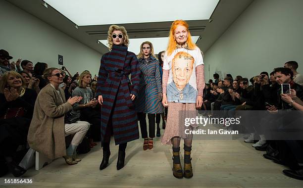 Designer Vivienne Westwood walks the runway with her models during the finale of the Vivienne Westwood Red Label show during London Fashion Week...