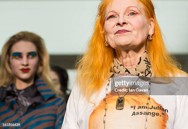 Designer Vivienne Westwood walks the runway with her models during the finale of the Vivienne Westwood Red Label show during London Fashion Week...