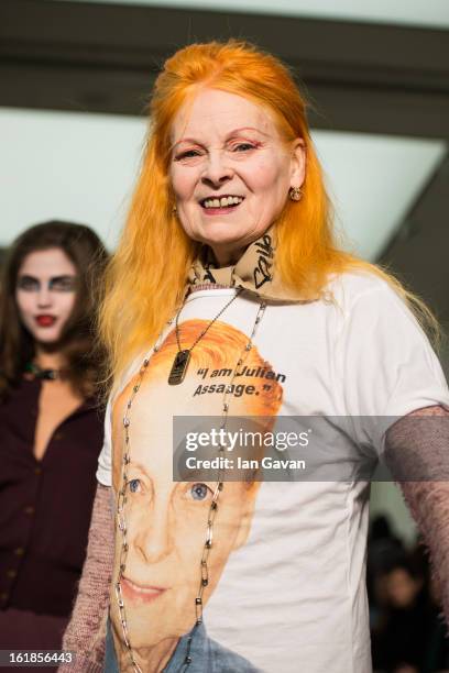 Designer Vivienne Westwood walks the runway with her models during the finale of the Vivienne Westwood Red Label show during London Fashion Week...