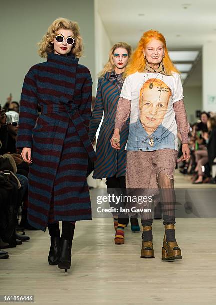 Designer Vivienne Westwood walks the runway with her models during the finale of the Vivienne Westwood Red Label show during London Fashion Week...