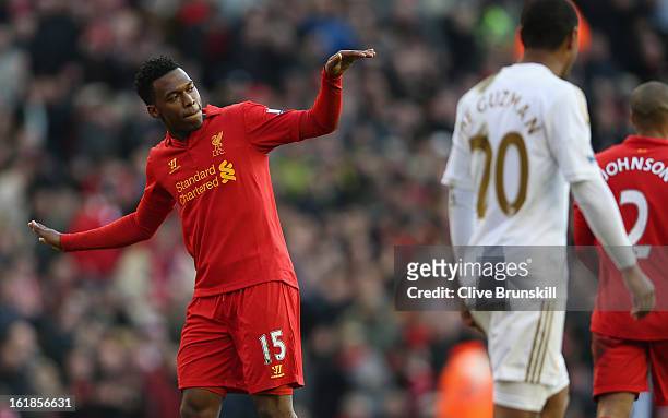 Daniel Sturridge of Liverpool celebrates with a dance after scoring the fifth goal from the penalty spot during the Barclays Premier League match...