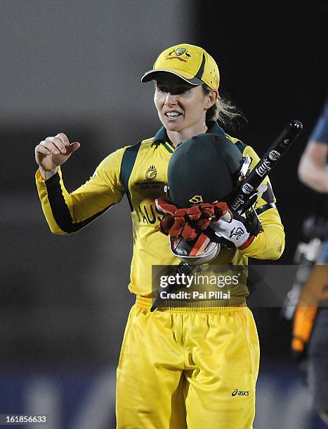 Jodie Fields captain of Australia celebrates as she walks back after winning the ICC Womens World Cup 2013 between Australia and West Indies held at...