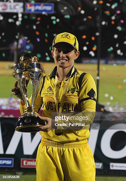 Jodie Fields, captain of Australia, poses with the Womens World Cup trophy, as Austarlia wins the ICC Womens World Cup 2013 between Australia and...