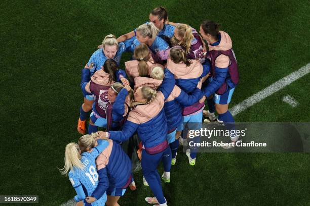 England players celebrate the team's third goal scored by Alessia Russo during the FIFA Women's World Cup Australia & New Zealand 2023 Semi Final...