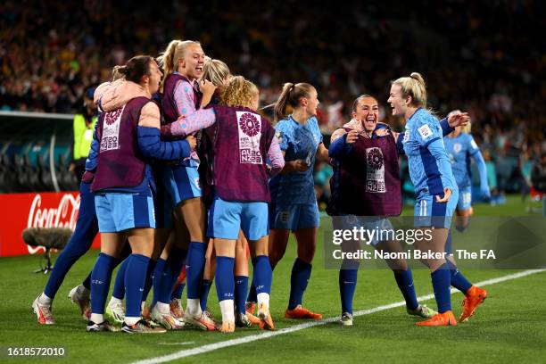 Alessia Russo of England celebrates with teammates after scoring her team's third goal during the FIFA Women's World Cup Australia & New Zealand 2023...