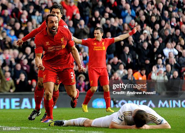 Jose Enrique of Liverpool celebrates his goal during the Barclays Premier League match between Liverpool and Swansea City at Anfield on February 17,...