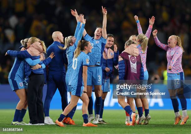 England players celebrate after the team's 3-1 victory and advance to the final following the FIFA Women's World Cup Australia & New Zealand 2023...