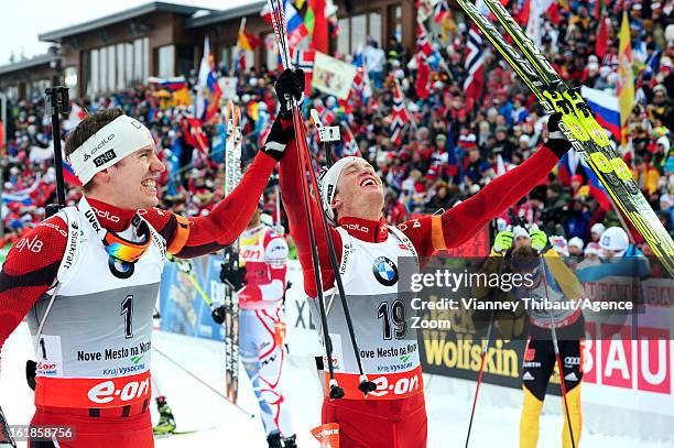 Tarjei Boe of Norway takes 1st place, Emil Hegle Svendsen of Norway takes takes 3rd place during the IBU Biathlon World Championship Men's 15km Mass...