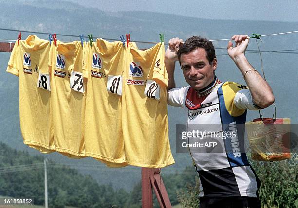 Frenchman Bernard Hinault, the overall leader of the 72nd Tour de France displays during a day-off on July 12, 1985 in Villard-de-Lans, his four...