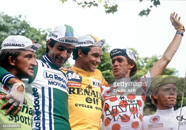 Freddy Maertens of Belgium, wearing the Green Jersey of best sprinter, Frenchmen Robert Alban, placed 3rd, Bernard Hinault, wearing the Yellow Jersey...