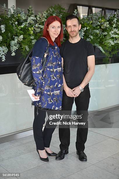 Natalie Hand and Kinder Aggugini attend the Kinder Aggugini salon show during London Fashion Week Fall/Winter 2013/14 on February 17, 2013 in London,...