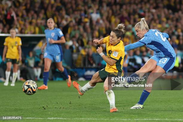 Alessia Russo of England shoots while Katrina Gorry of Australia attempts to block during the FIFA Women's World Cup Australia & New Zealand 2023...