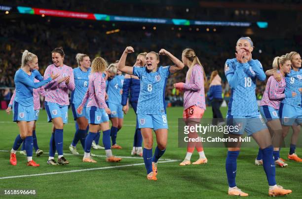 Georgia Stanway and England players celebrate after the team's 3-1 victory and advance to the final following the FIFA Women's World Cup Australia &...