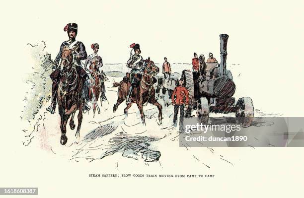 british army on military manoeuvres, hussars, cavalry and steam sappers of royal engineers, victorian history 1890s - hussar cavalry stock illustrations