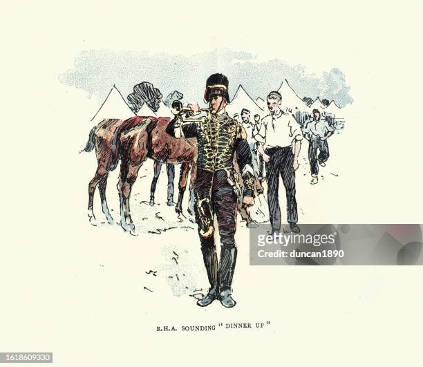 britische armee bei militärmanövern, royal horse artillerie-trompeter, abendessen im viktorianischen stil der 1890er jahre - blechblasinstrument stock-grafiken, -clipart, -cartoons und -symbole
