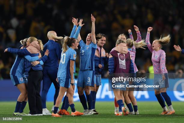 England players celebrate after the team's 3-1 victory and advance to the final following the FIFA Women's World Cup Australia & New Zealand 2023...