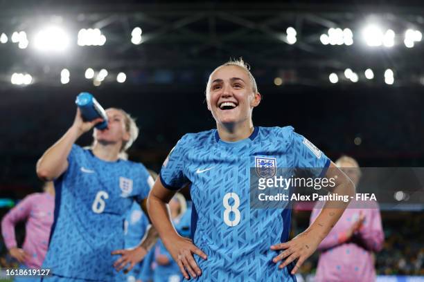 Georgia Stanway of England celebrate after the team's 3-1 victory and advance to the final following the FIFA Women's World Cup Australia & New...