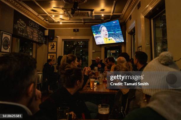 Scene of patrons watching the Matildas vs England at a local pub on August 16, 2023 in Melbourne, Australia. The Australian Women's Football Team,...