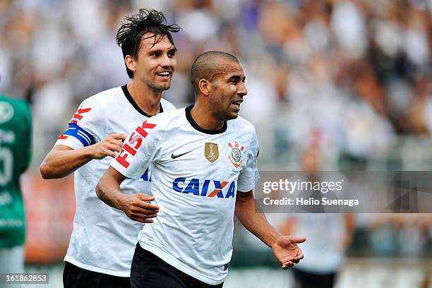 Emerson of Corinthians celebrates a goal against Palmeiras during a match between Corinthians and Palmeiras as part of Paulista championship 2013 at...