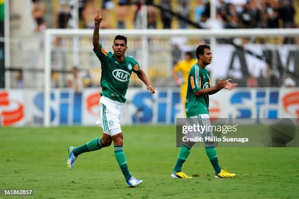 Vilson of Palmeiras celebrates a goal against Corinthians during a match between Corinthians and Palmeiras as part of Paulista championship 2013 at...