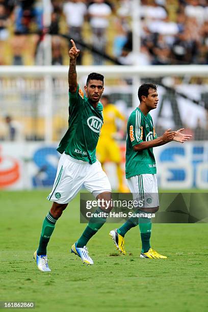 Vilson of Palmeiras celebrates a goal against Corinthians during a match between Corinthians and Palmeiras as part of Paulista championship 2013 at...