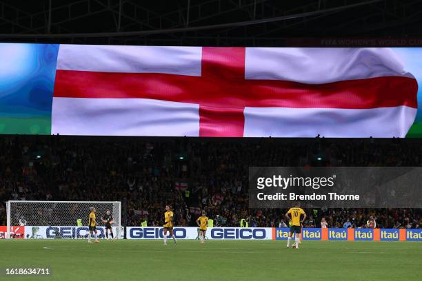 General view of the inside of the stadium as the LED screen displays the national flag of England and players of Australia look dejected during the...