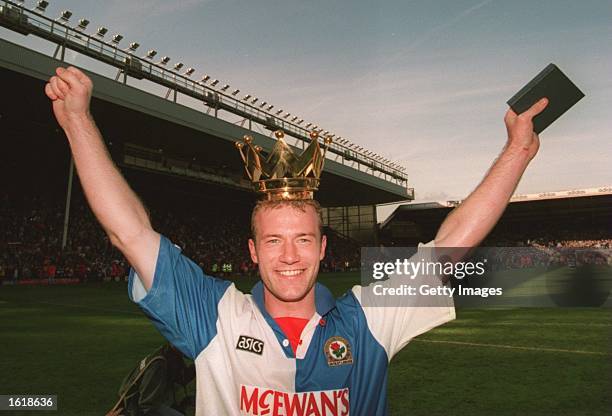 BLACKBURN ROVERS STRIKER ALAN SHEARER CELEBRATES AFTER HIS TEAM CLINCHED THE LEAGUE TITLE AFTER THE GAME AGAINST LIVERPOOL.