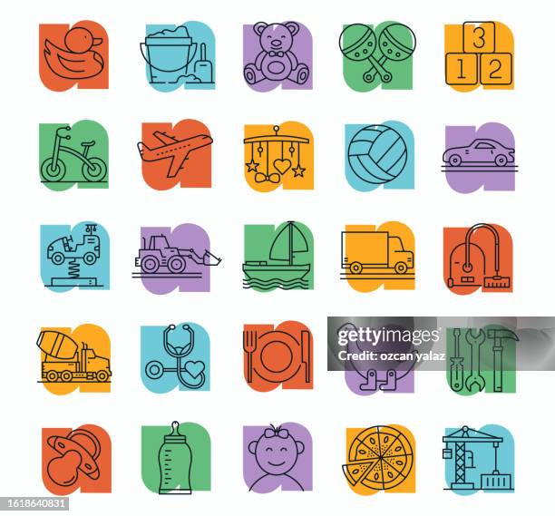 stockillustraties, clipart, cartoons en iconen met baby toy line icons editable strokes. multiple toy icons in plain design flat white color. - app store logo