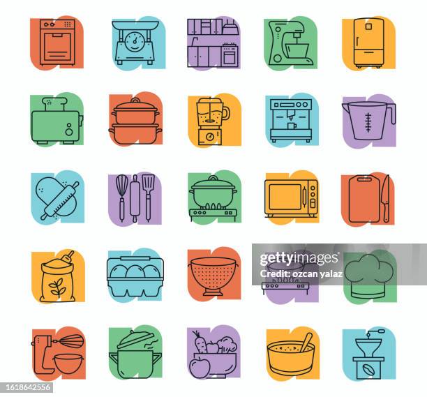 kitchen thin line vector icon set. the design is editable and the color can be changed. vector set of creativity icons: mixer , pot , scales , microwave , kettle. - kitchen surface stock illustrations