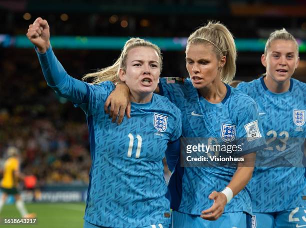 Lauren Hemp of England celebrates scoring her goal with team mates Rachel Daly and Alessia Russo during the FIFA Women's World Cup Australia & New...