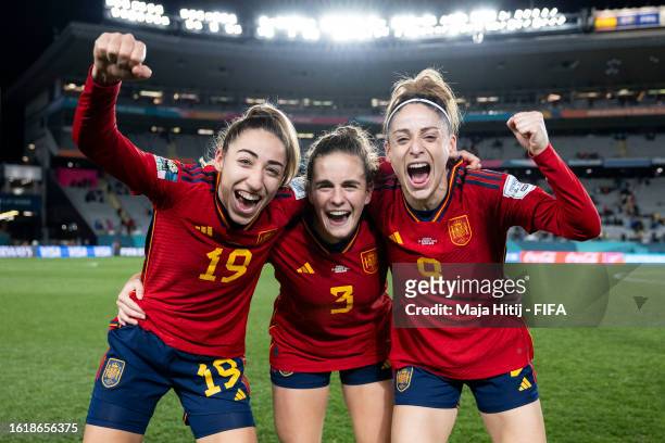 Olga Carmona, Teresa Abelleira and Esther Gonzalez of Spain celebrate the team’s 2-1 victory and advance to the final following the FIFA Women's...