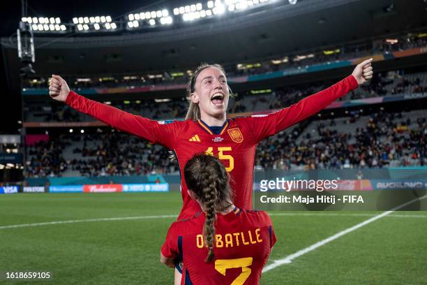 Eva Navarro and Ona Batlle of Spain celebrate the team’s 2-1 victory and advance to the final following the FIFA Women's World Cup Australia & New...