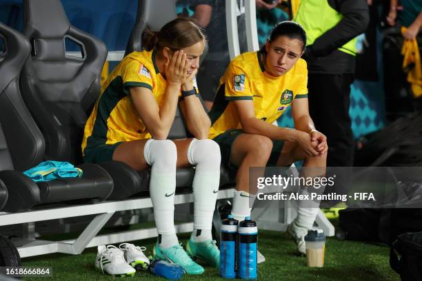 Aivi Luik and Alex Chidiac of Australia look dejected after the team's 1-3 defeat following the FIFA Women's World Cup Australia & New Zealand 2023...