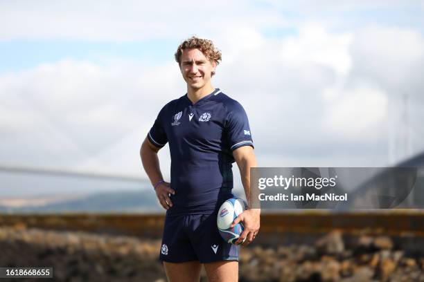 The Scotland Rugby captain Jamie Ritchie poses for photographs during the squad announcement prior to the Rugby World Cup on August 16, 2023 in South...