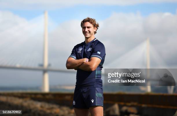 The Scotland Rugby captain Jamie Ritchie poses for photographs during the squad announcement prior to the Rugby World Cup on August 16, 2023 in South...