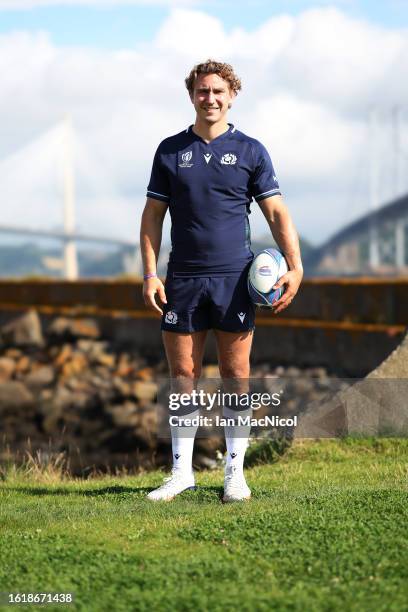 The Scotland Rugby captain Jamie Ritchie poses for photographs during the squad announcement prior to the Rugby World Cup on August 16, 2023 in South...