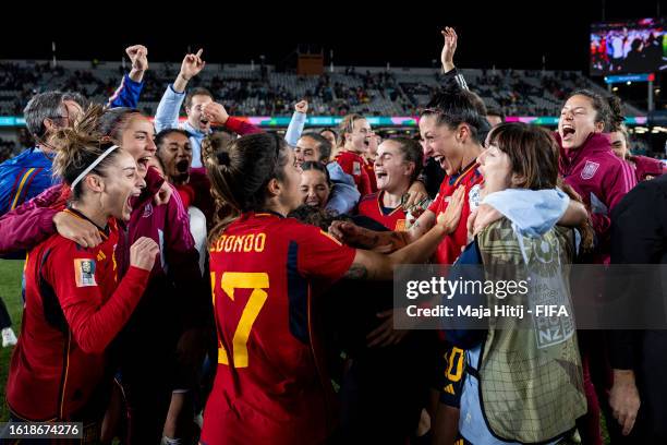 Spain players celebrate the team’s 2-1 victory and advance to the final following the FIFA Women's World Cup Australia & New Zealand 2023 Semi Final...