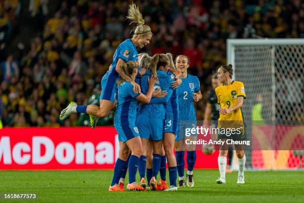 Ella Toone of England celebrates with teammates after scoring England's first goal during the FIFA Women's World Cup Australia & New Zealand 2023...