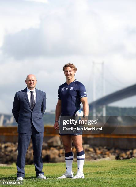 The Scotland Rugby Head Coach Gregor Townsend and captain Jamie Ritchie poses for photographs during the squad announcement prior to the Rugby World...