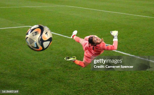 Mary Earps of England dives in vain as Sam Kerr of Australia scores her team's first goal during the FIFA Women's World Cup Australia & New Zealand...